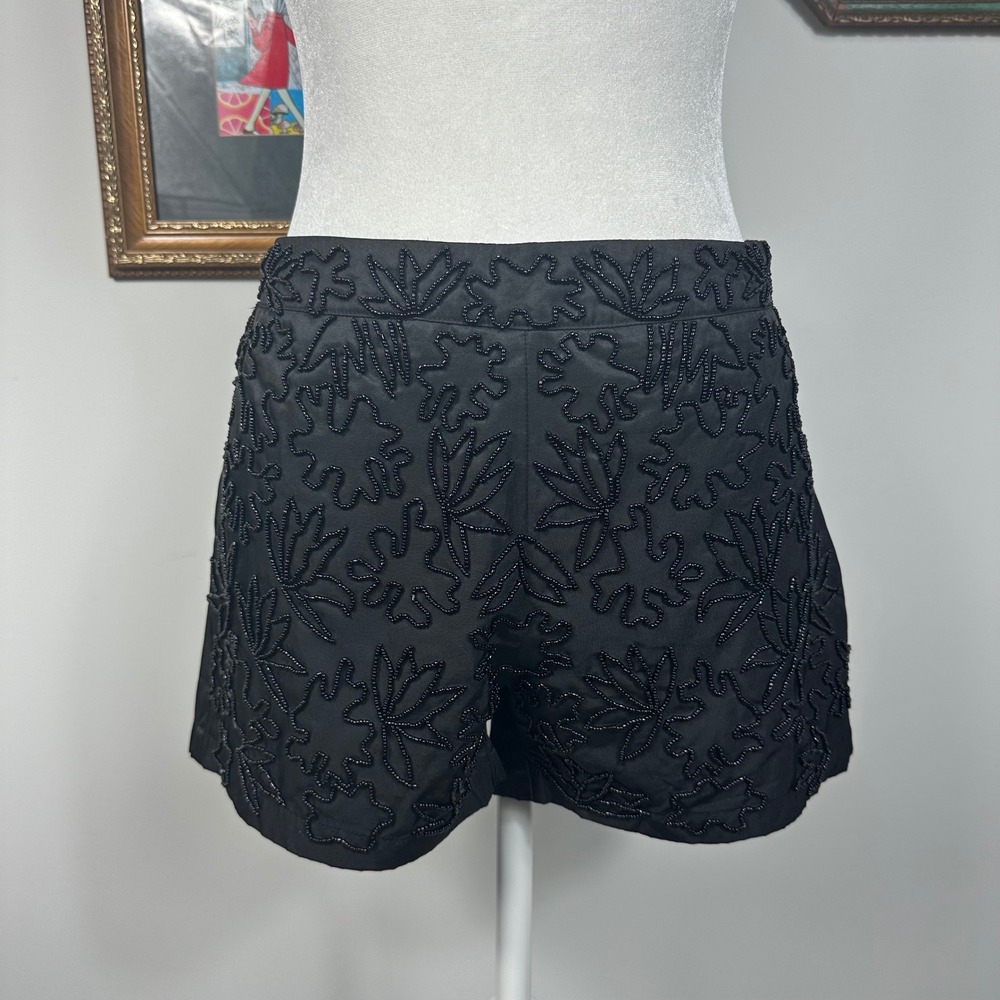 Black‎ Satin Floral Beaded Shorts - SIZE S Y2K Embellished Party Monochrome